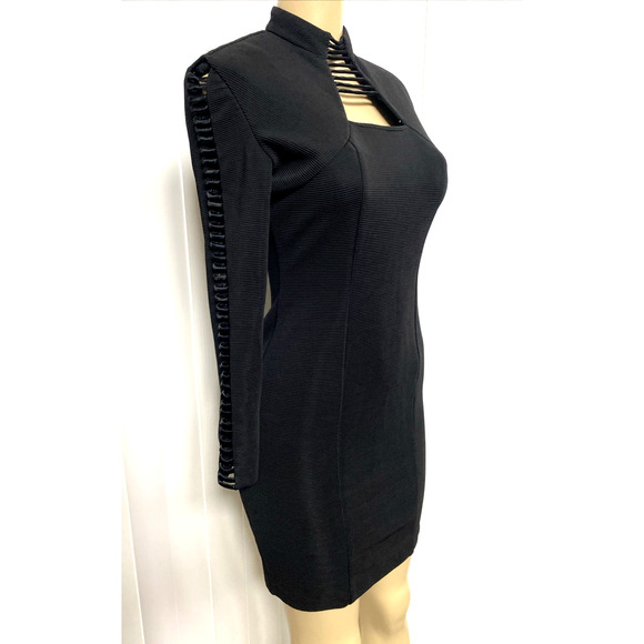 Cache Dress Sheath Textured Black Mini Cut Out Long Sleeve 8 S Vintage - Picture 7 of 9